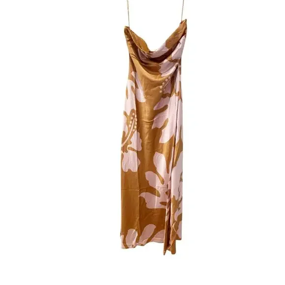 Hutch Women's Strapless Column Satin Maxi Dress Brown Purple Print Size M NWOT